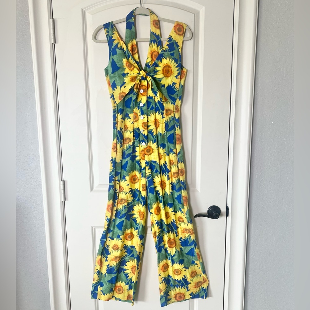 Vintage 90s Resource Sunflower Jumpsuit - Wide Leg Halter Palazzo Romper -Size 6